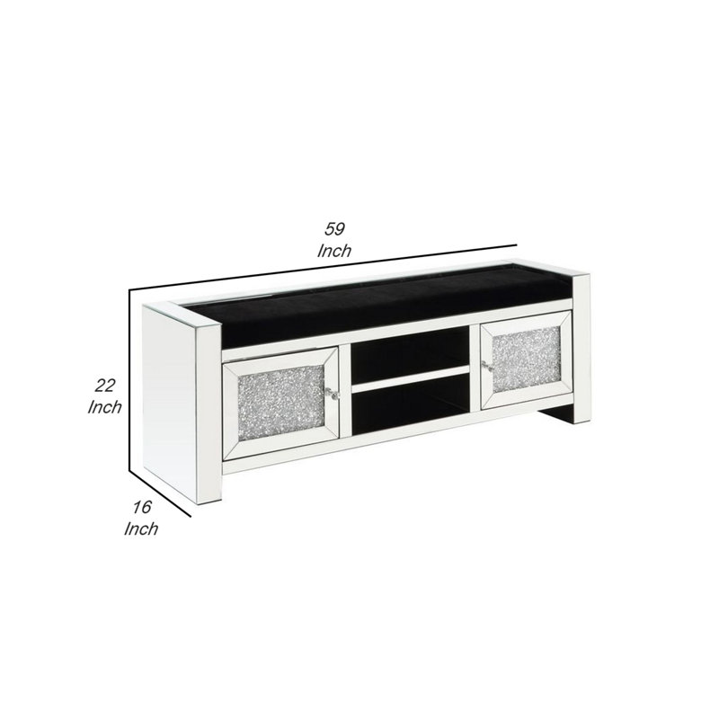 Bench w/Storage, Mirrored & Faux Diamonds
