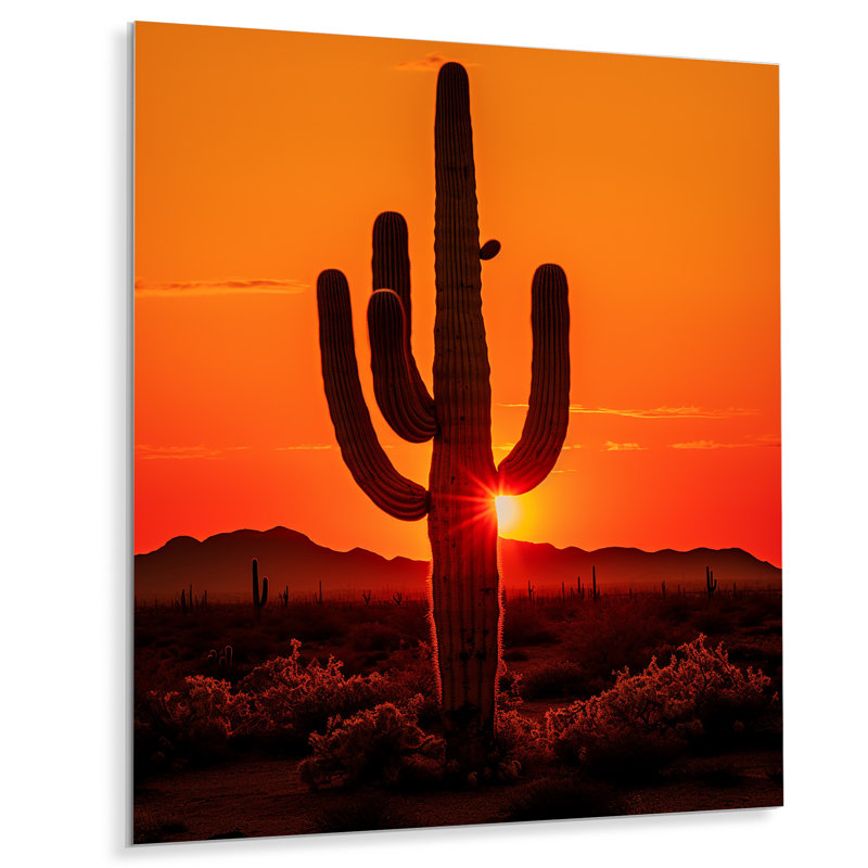 Cactus orange, coucher de soleil, désert, Saguaro - décoration murale florale et botanique en métal, H 20 po x l 12 po
