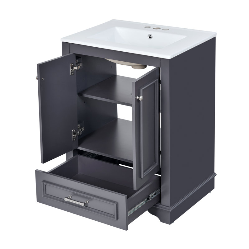 Meuble-lavabo autoportant 24 po avec lavabo en céramique, armoire en bois massif avec tablette réglable à 3 niveaux et portes à fermeture en douceur, 4 couleurs
