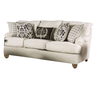 Causeuse Selly, tissu ivoire, 5 coussins décoratifs, accoudoirs plissés, 93 po