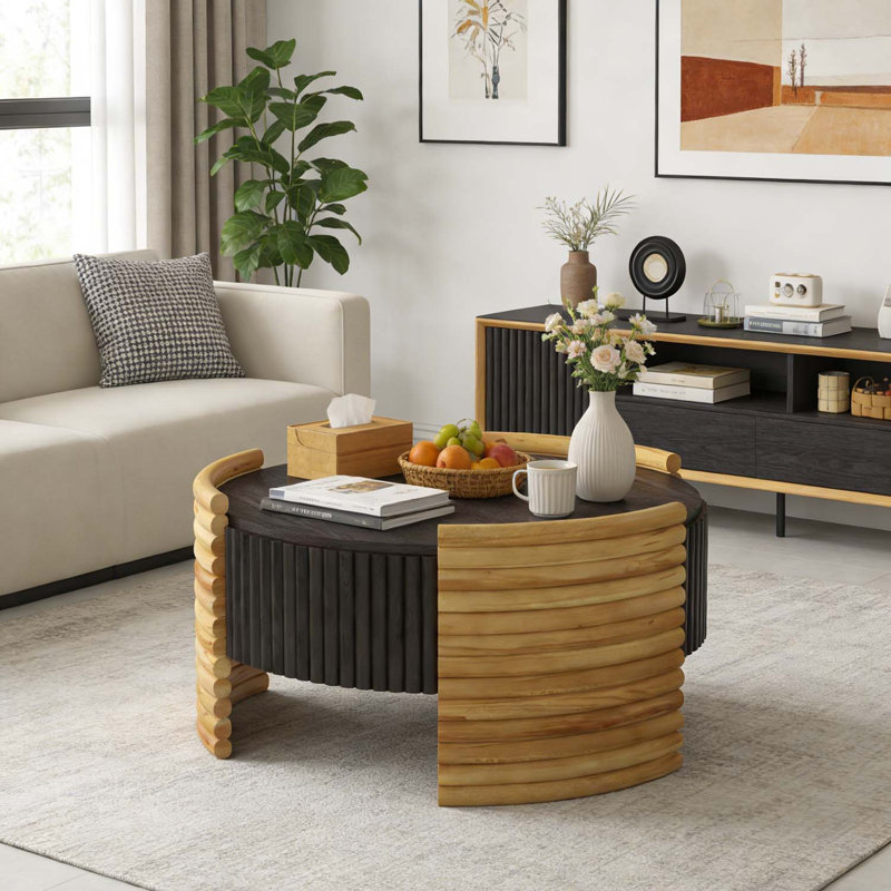 Table basse moderne avec rangement à rayures colorblock, pour salon et bureau, Plateau brun foncé + couleur bois