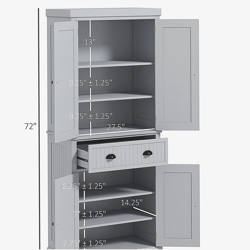 HOMCOM 72" Kitchen Pantry Storage Cabinet, Traditional Freestanding Cabinet with 4 Doors and 3 Adjustable Shelves, Large Central Drawer, Beadboard, Gray