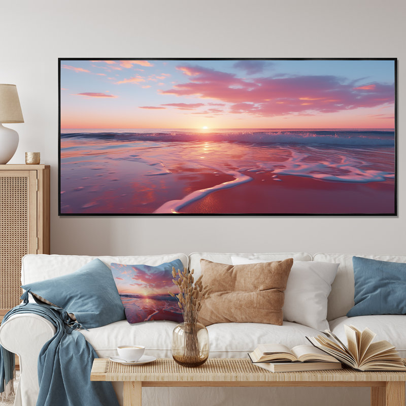 «Beach Cotton Candy Sunset Skies II» - art mural coucher de soleil côtier, Cadre flottant noir, H 28 po x l 60 po x P 1,5 po