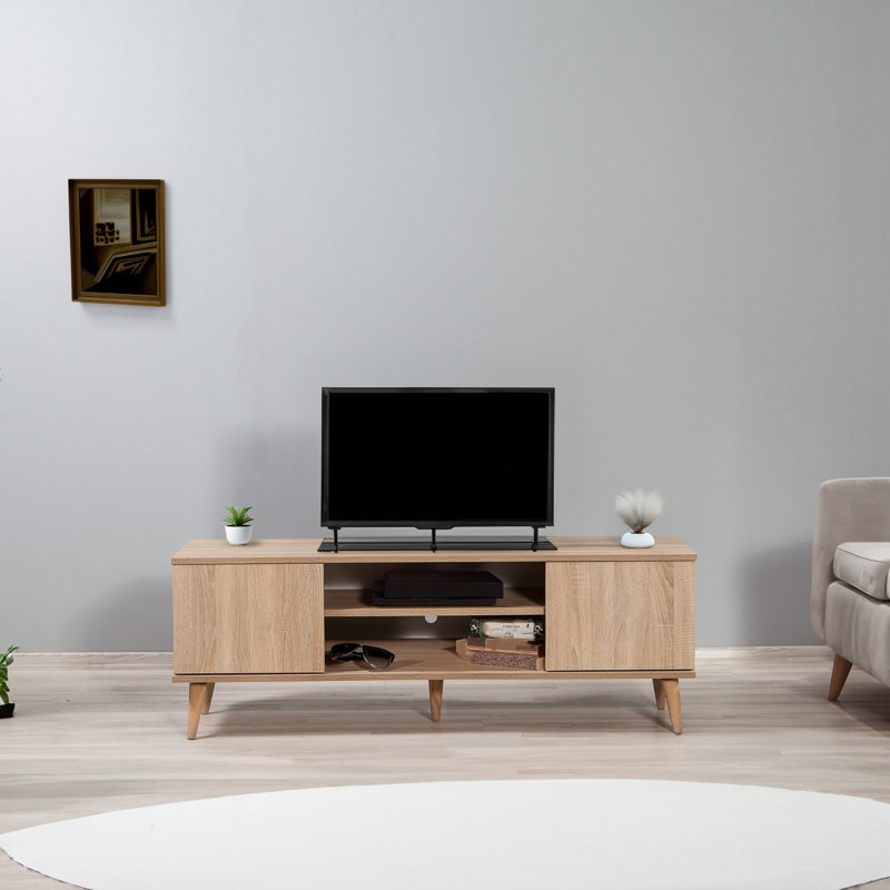Modern TV Stand with Hornbeam Legs, Sonoma Oak Finish, 55.1 x 19.7 x 15.7 inches | 100% Melamine Coated Particle Board, UV Coating | Multiple Shelves, Wall-Mountable, Additional Storage | Scandinavian Design