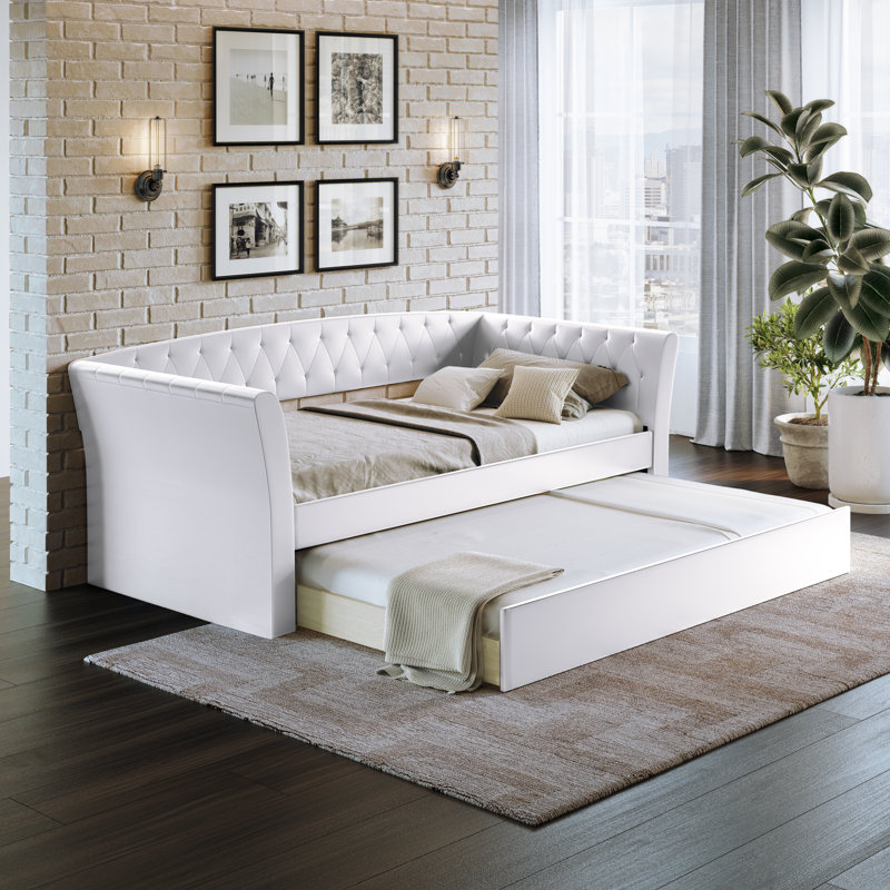 Upholstered Faux Leather Daybed with Trundle Bed, White