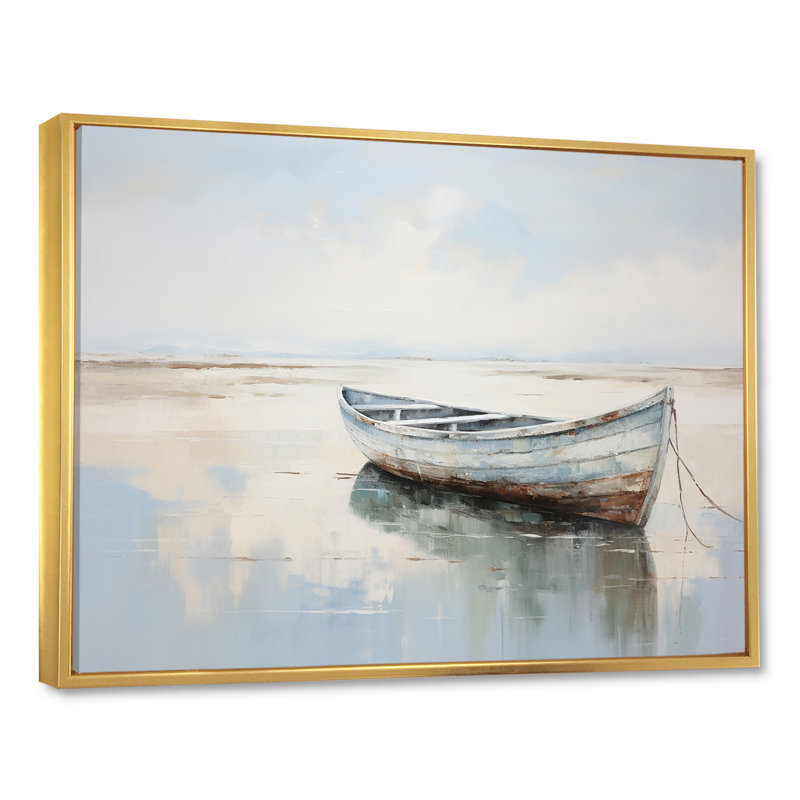 Bleu et blanc, petit bateau au bord du lac I - impression sur toile, H 12 po x l 20 po x P 1 po, Cadre flottant doré