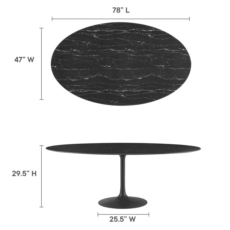 Black Oval Artificial Marble Dining Table with Metal Pedestal Base