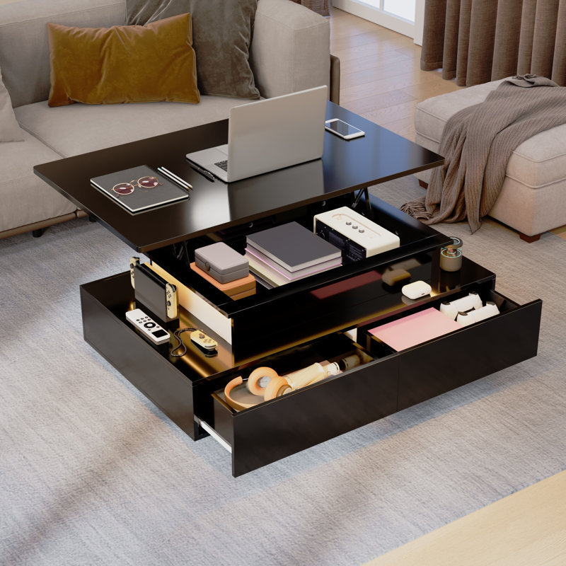  35.4"W Rectangular LED Lift Top Coffee Table With 4 Drawers & Hidden Compartment, Black