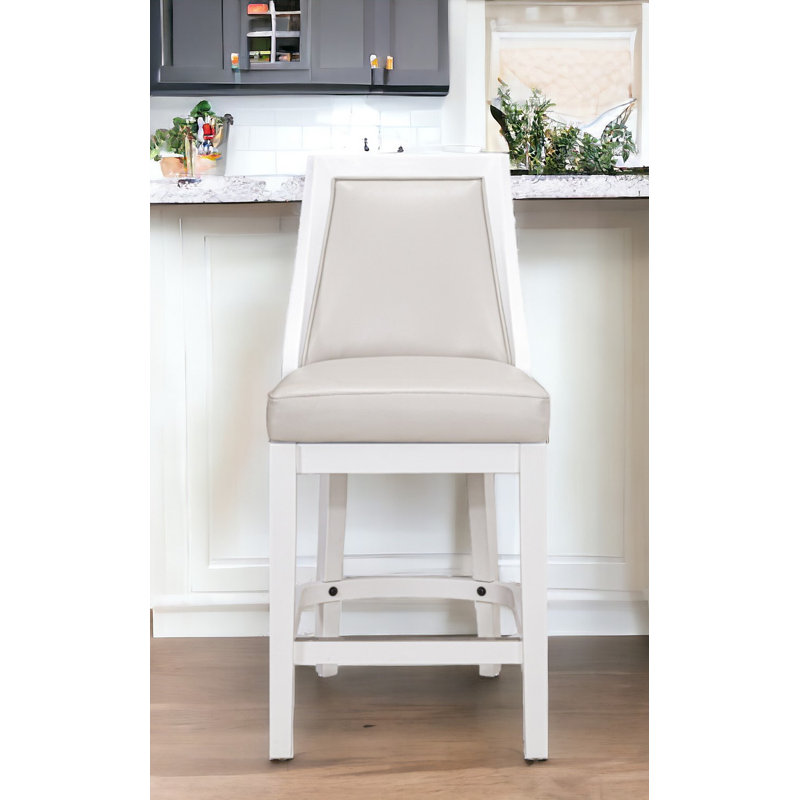 White and Gray Faux Leather Swivel Bar Chair with Solid Wood Frame