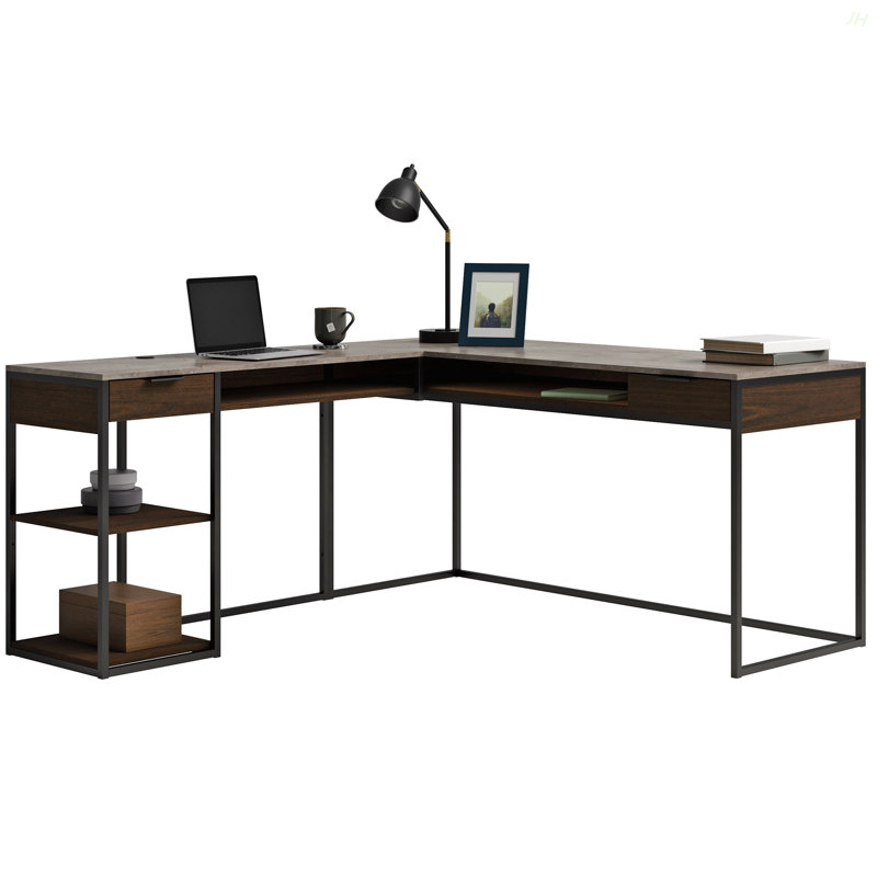 L-Shaped Desk With Five-Shelf Bookcase, Brown Finish