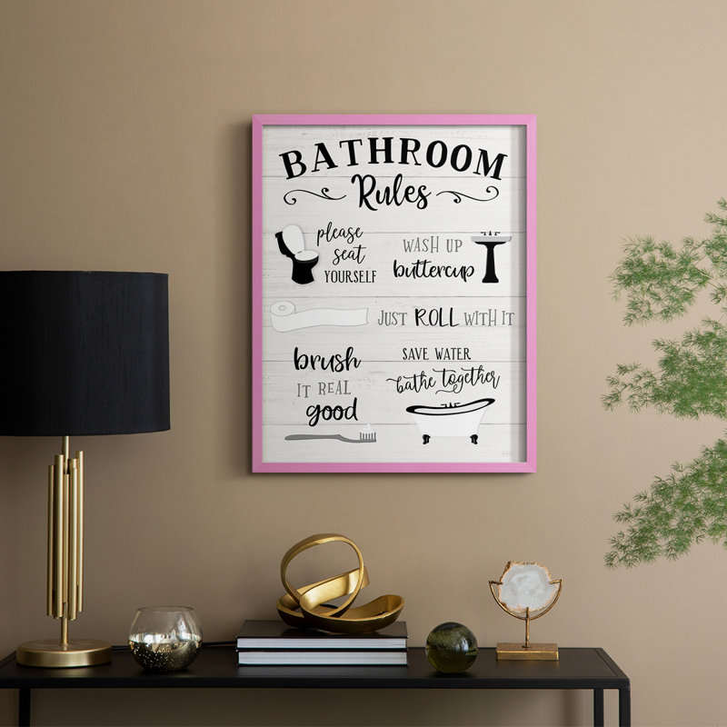«Rules of the Bathroom», reproduction encadrée - bois massif, H 21 po x l 17 po, Rose