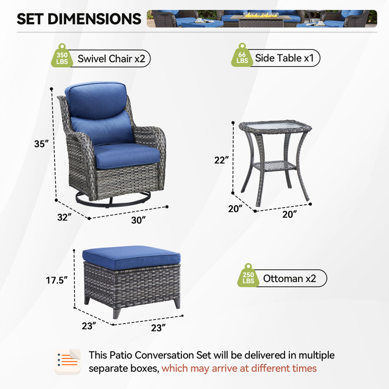 Ensemble de conversation pour patio en osier de 5 pièces avec coussins de 5 po d'épaisseur et repose-pieds Smile, Gris, Bleu