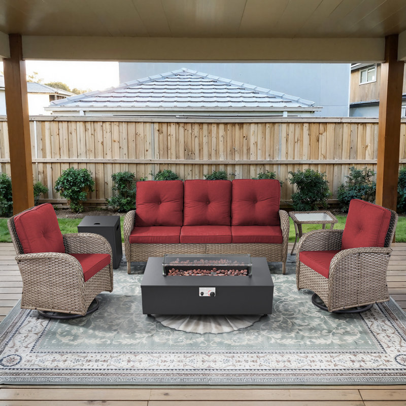Esquer 5-Pieces Outdoor Wicker Patio Conversation Furniture Set With Rocking & Swivel Chairs And Rectangular Fire Pit Table