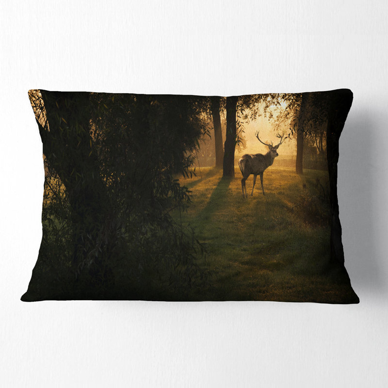 Deer au coucher du soleil dans la forêt profonde - Coussin décoratif imprimé forêt