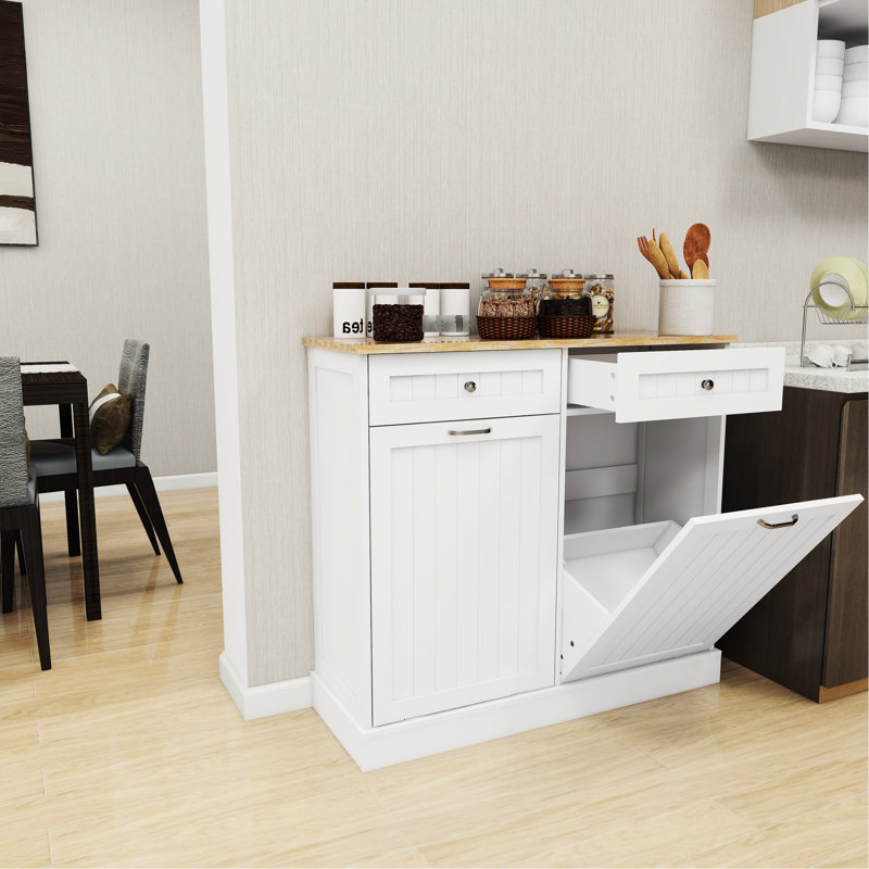 Armoire à poubelle de cuisine à deux tiroirs - blanc avec motif deux po, peint