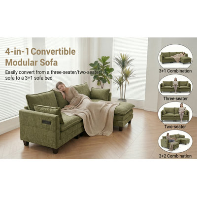 Modern Green Chenille Sofa Set, 3-Seat Couch with Individual Matching Ottoman, Modular Living Room Furniture with Built-in USB Ports and Side Pockets.