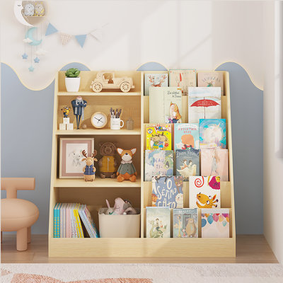 Kids Bookshelf and Toy Storage Organizer, Multifunctional 4 Tier Wooden Kids Book Shelf with Bookcase Display Stand
