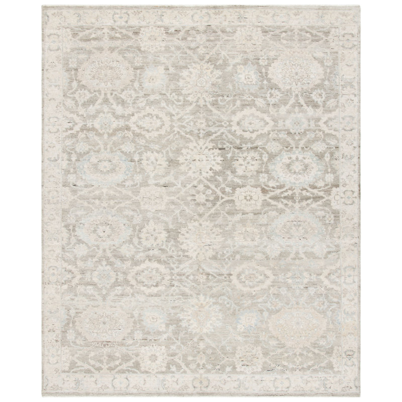 Ivory and Gray Hand-Knotted Wool Rectangular Rug, 10' x 14'