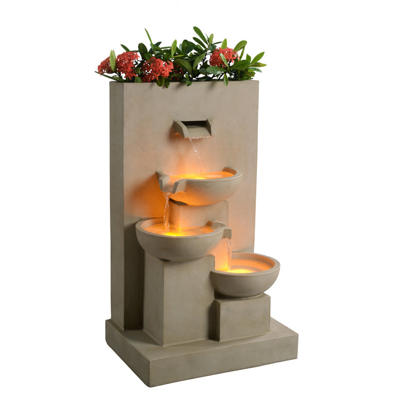 3-Tier Cascading Outdoor Water Fountain with Planter and Built-In LED Lights – Decorative Garden or Patio Feature, Natural