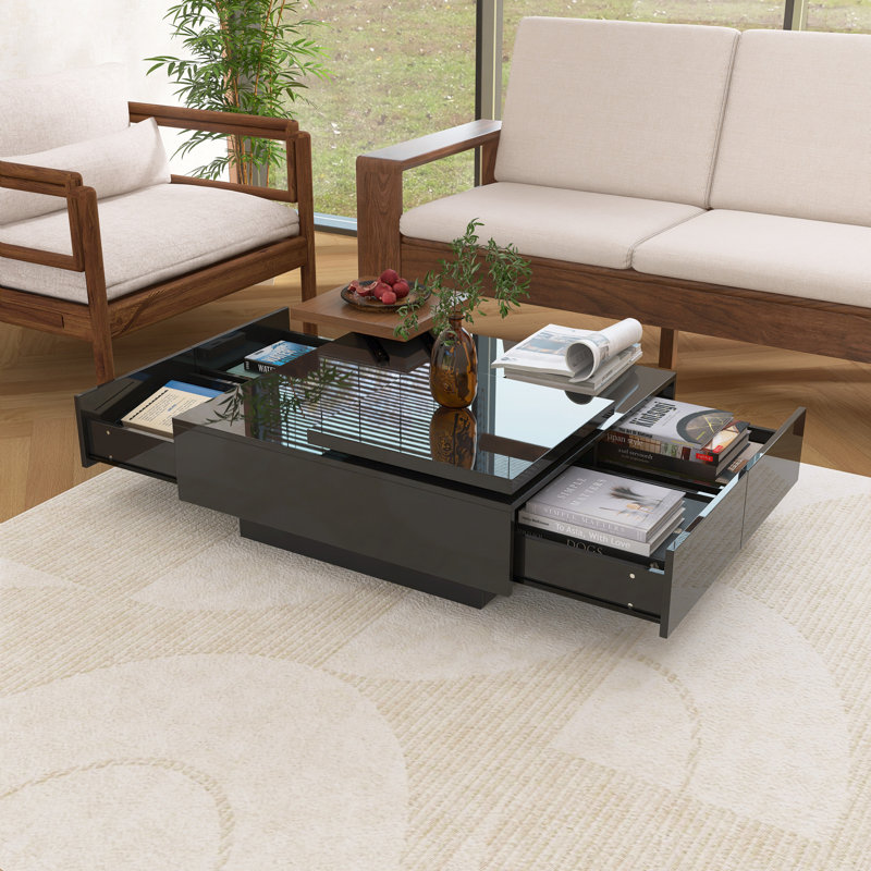 Table basse moderne carrée en bois avec plateau mobile, Noir, noir, noir, noir