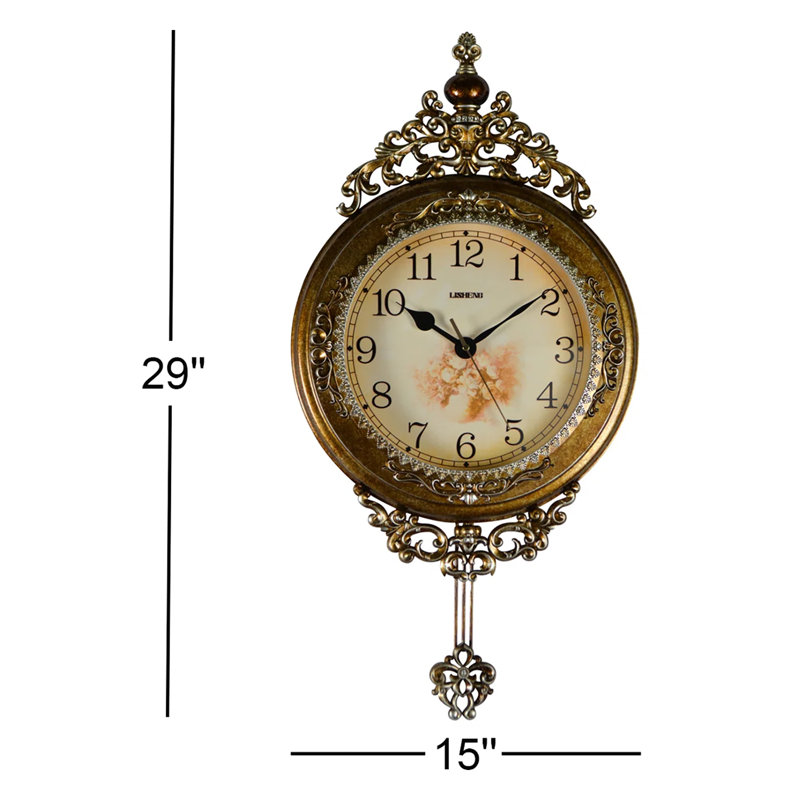 Wall Clock Vintage Style with Swinging Pendulum Ornate Details