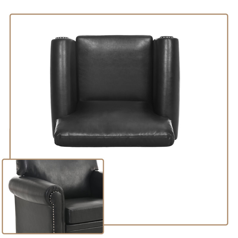 Fauteuil classique en similicuir avec garniture cloutée, structure en bois et coussin à ressorts ensachés, Noir