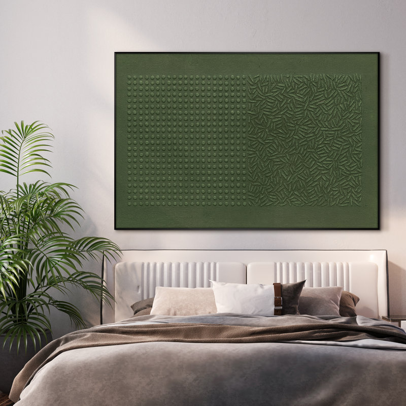 Très grande reproduction d'art sur tissu - Motif géométrique minimaliste moderne abstrait vert pour la décoration d'œuvres de salon ou de chambre à coucher - «Assemblage requis du cadre (cadre non fini)»