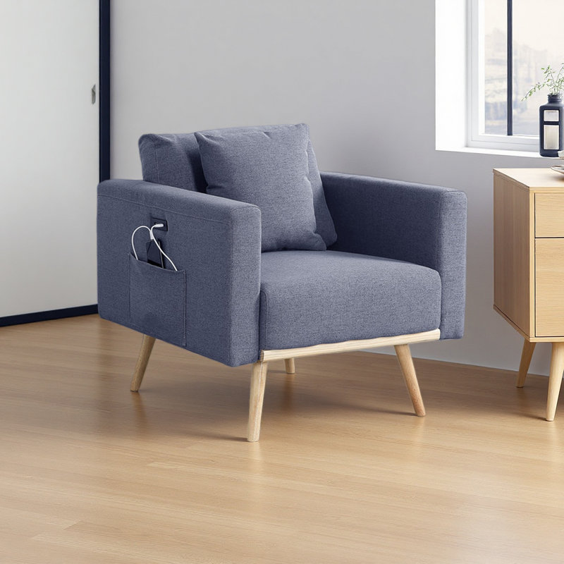 Chaise 32,5 po en tissu de lin foncé avec ports de chargement USB, poches et coussins