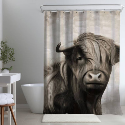 Highland Cattle Sepia – Rustic Farmhouse – Polyester Shower Curtain, Dye Sublimation Print, 71" W × 74" L
