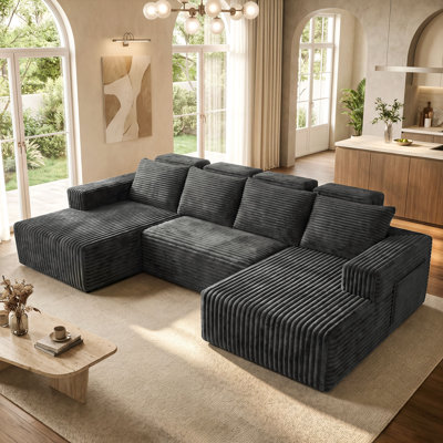 113"Gray Corduroy Cloud Modular Boneless U-Shaped Sectional Sofa, Deep Seat Couch with 2 Chaises for Living Room