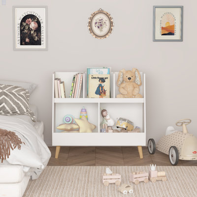 Kids Bookshelf And Toy Organizer, 5 Cubbies Wooden Open Bookcase, 2-Tier Baby Storage Display Organizer With Legs, Free Standing For Playing Room, Bed by George Oliver