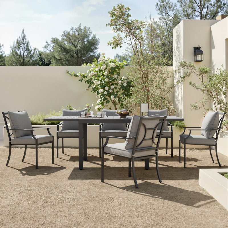6-Person Outdoor Dining Set With  Extendable Table & Fixed Cushioned Armchairs