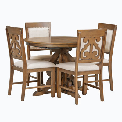 5-Piece Retro Functional Dining Set, 1 Extendable Table With A 16-Inch Leaf And 4 Upholstered Chairs For Dining Room And Kitchen (Natural) in , Walnut -  Red Barrel StudioÂ®, 8119E5A2D41B480D847ADB5F1739FD51