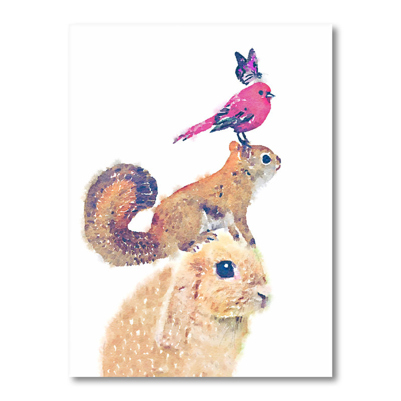 Dessin de lapin écureuil roux et oiseau - impression sur toile tendue