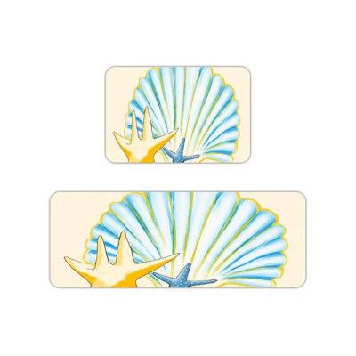 Coastal Shell Starfish Kitchen Mats for Kitchen Entryway, Set of 2, Yellow Blue