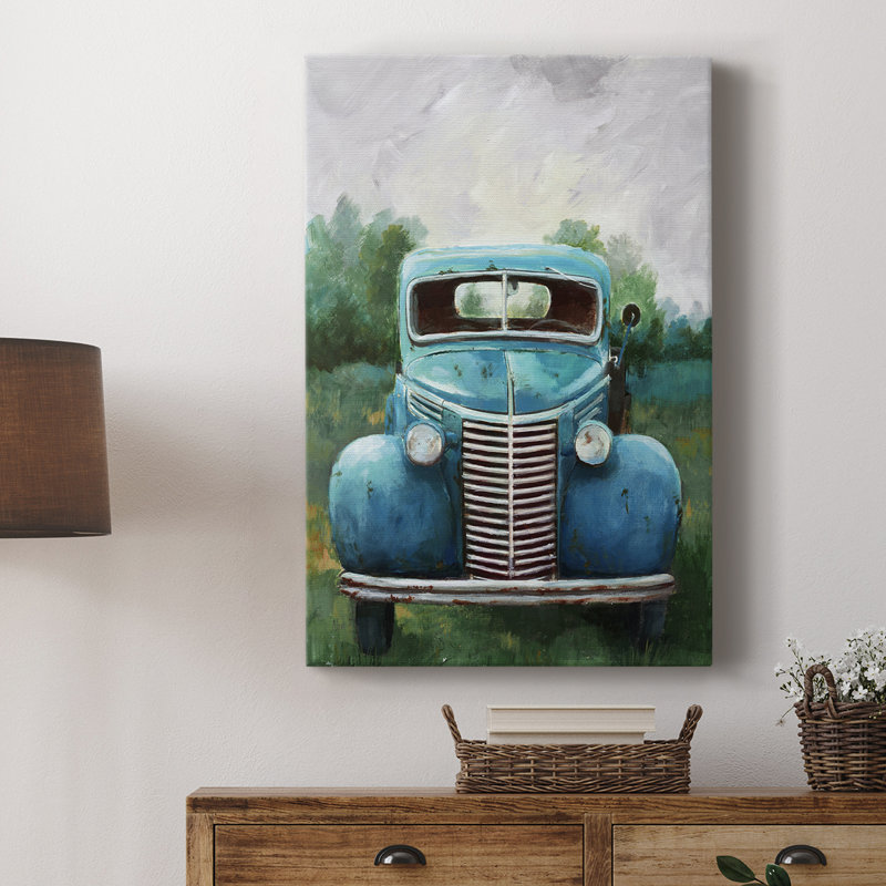 Camion bleu rétro - galerie Cavas sur mesure, H 18 po x l 12 po