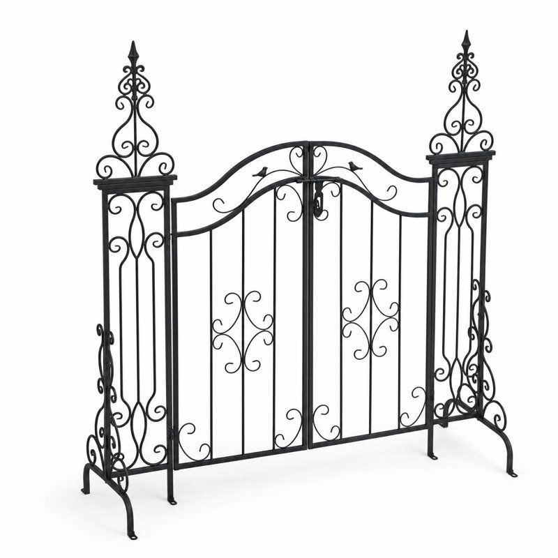 Portail de jardin en fer forgé noir orné de volutes et d'un oiseau décoratif, 120 x 120 cm, double porte décorative avec fixations sécurisées, portillon autoportant de style vintage en métal pour jardin, terrasse ou allée.