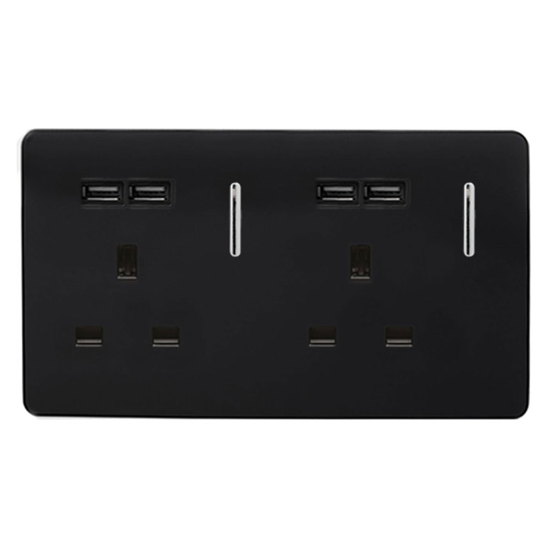 Trendi Switch 2 Gang 4 Port USB 2100mA Plug Socket, Black