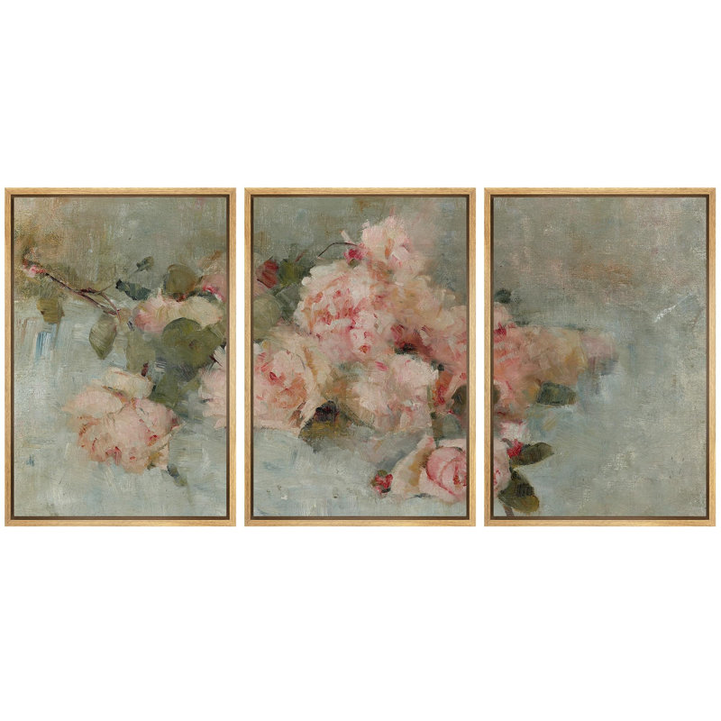 «Soft Rose Blush Impressionist Pink Roses Nature Wilderness Illustration Decor Panoramic Earth», 3 pièces sur toile