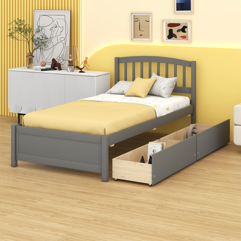 Lit plateforme avec rangement à deux tiroirs, Gris