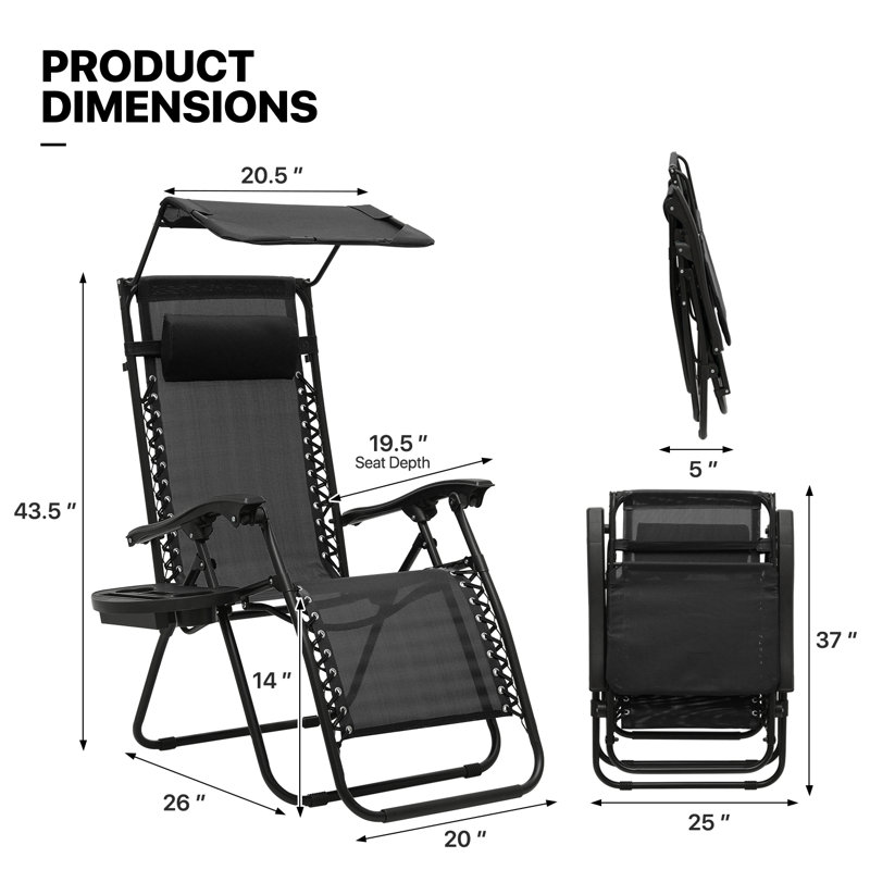Black Metal Zero Gravity Recliner Lounge Chairs with Canopy