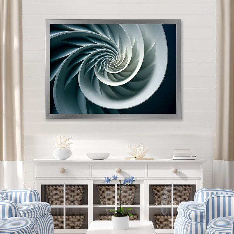 Turquoise coquille spirale de poisson sur toile, H 34 po x l 44 po x P 1,5 po, Cadre simple argenté