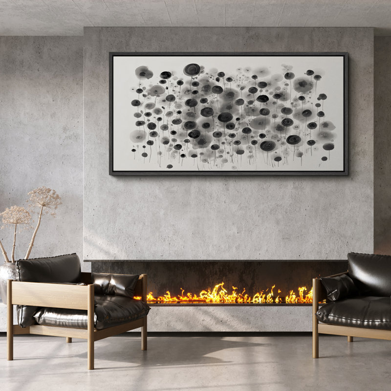 Ink Bloom Abstract Framed Canvas - Monochrome Floral Dot Pattern Art, 30" H x 60" W, Black