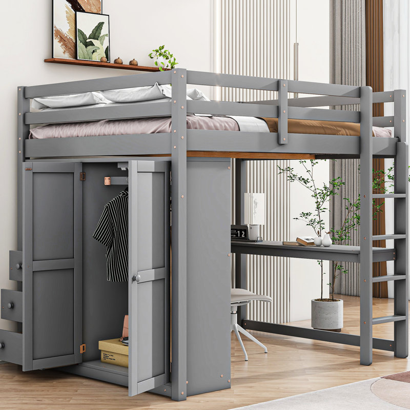 Lit mezzanine double avec garde-robe, bureau et grand espace de rangement intégré en bois massif gris, Gris