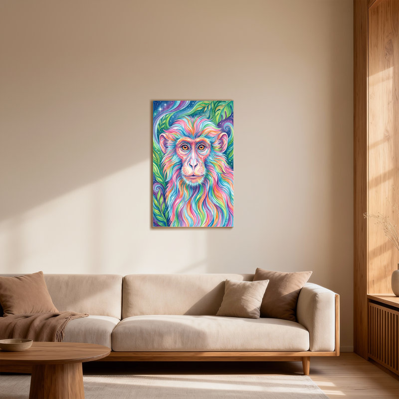 Animaux, singe coloré avec fond cosmique et feuilles, H 28 po x l 40 po