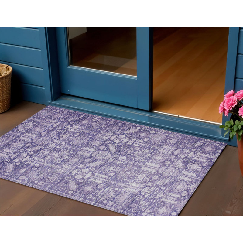 Tapis intérieur/extérieur lavable, motif tribal violet et ivoire, 90 x 150 cm
