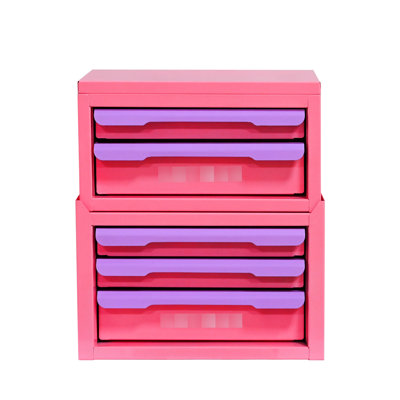 Boîte de rangement rose et mauve avec cinq tiroirs pour l'organisation de la maison et du bureau, acier, conception empilable, articles faciles d'accès, structure à cinq tiroirs en acier laminé à froid, entretien facile, option idéale