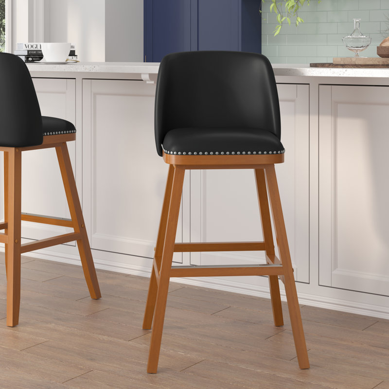 Commercial Wood Counter Stools with Nail Trim, Bar Stool (30" Seat Height), Black Faux Leather