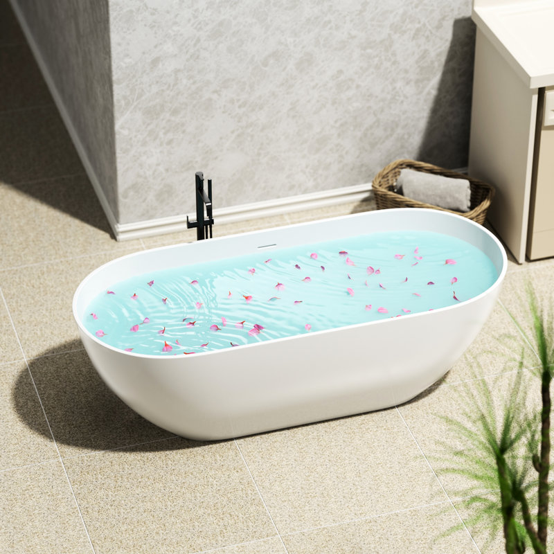 Baignoire autoportante de luxe de 63 po, blanc mat, trempage à surface solide, résine de pierre d'ingénierie, trop-plein et bonde escamotable, style de trempage en flocons, conservation de la chaleur