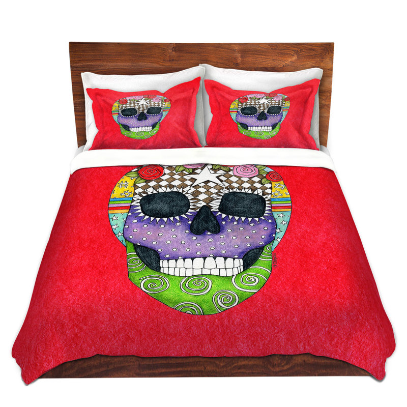 Ensemble de housse de couette Sugar Skull, 1 housse simple + 1 taie standard, Rouge / Vert